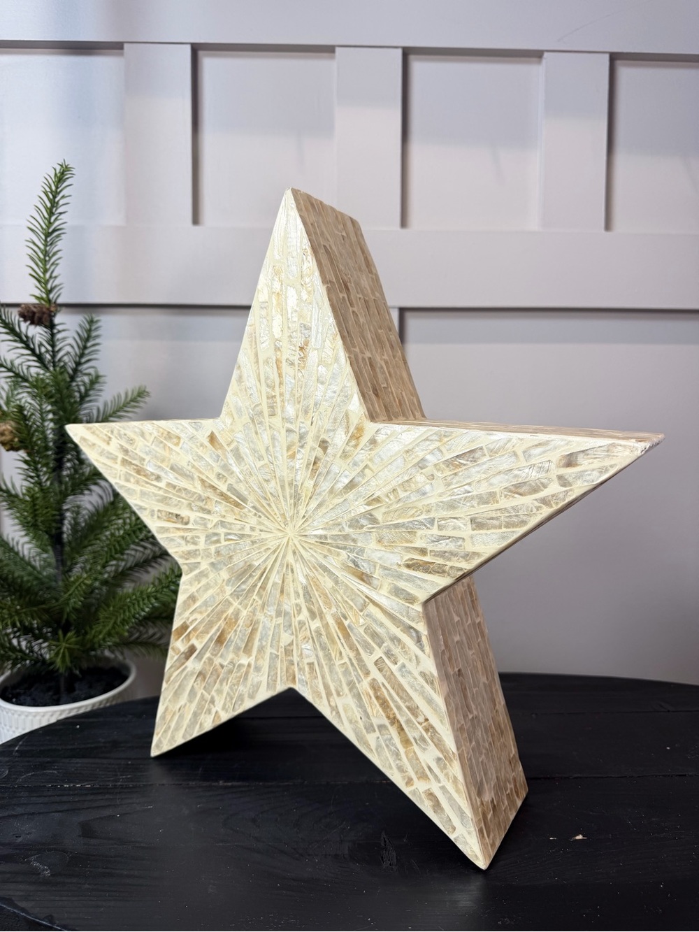 Ivory Mosaic Star Holiday Decor - Neutral mother-of-pearl 14.5”